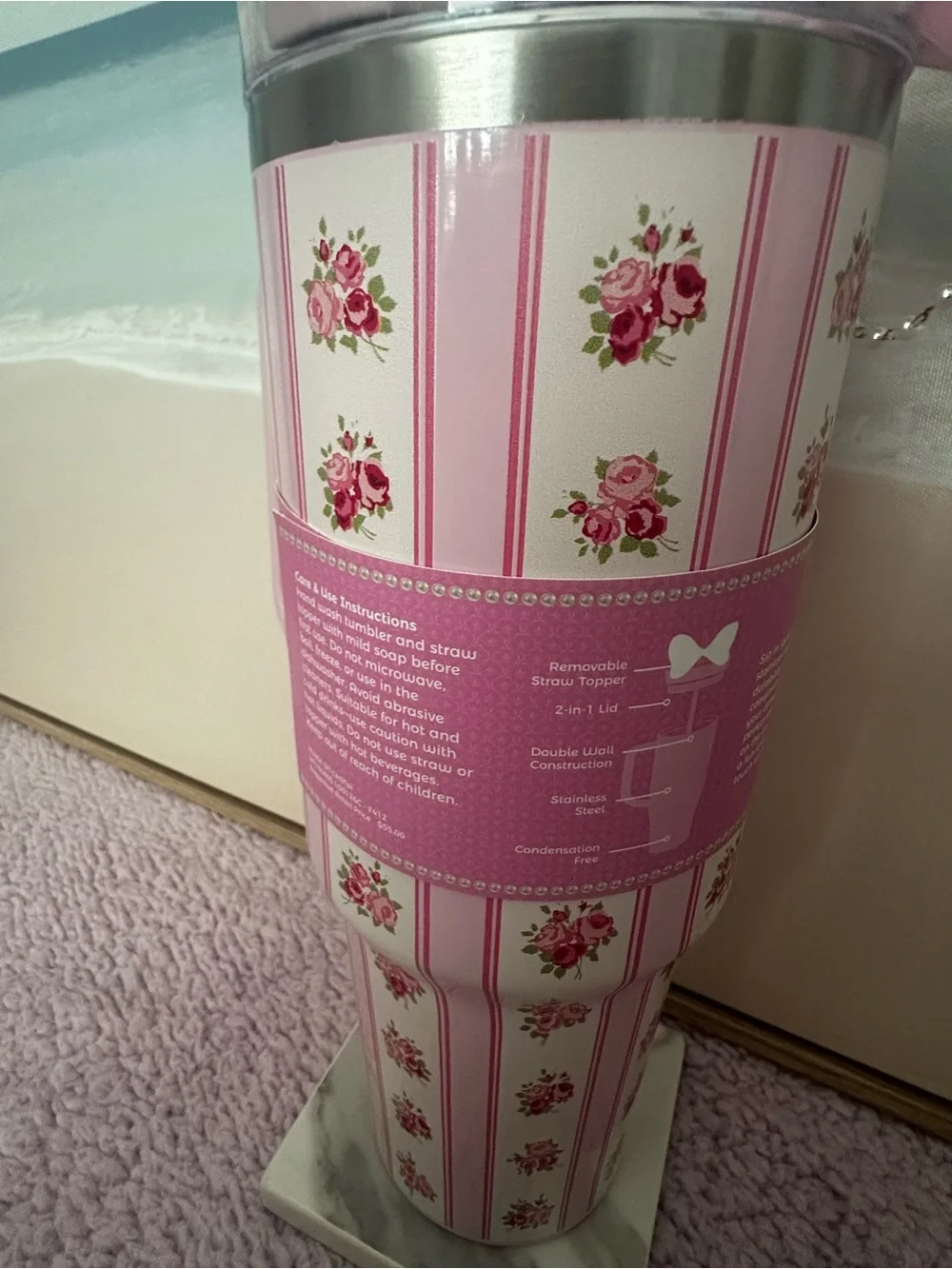 Pink Floral Striped Travel Tumbler with Bow Lid